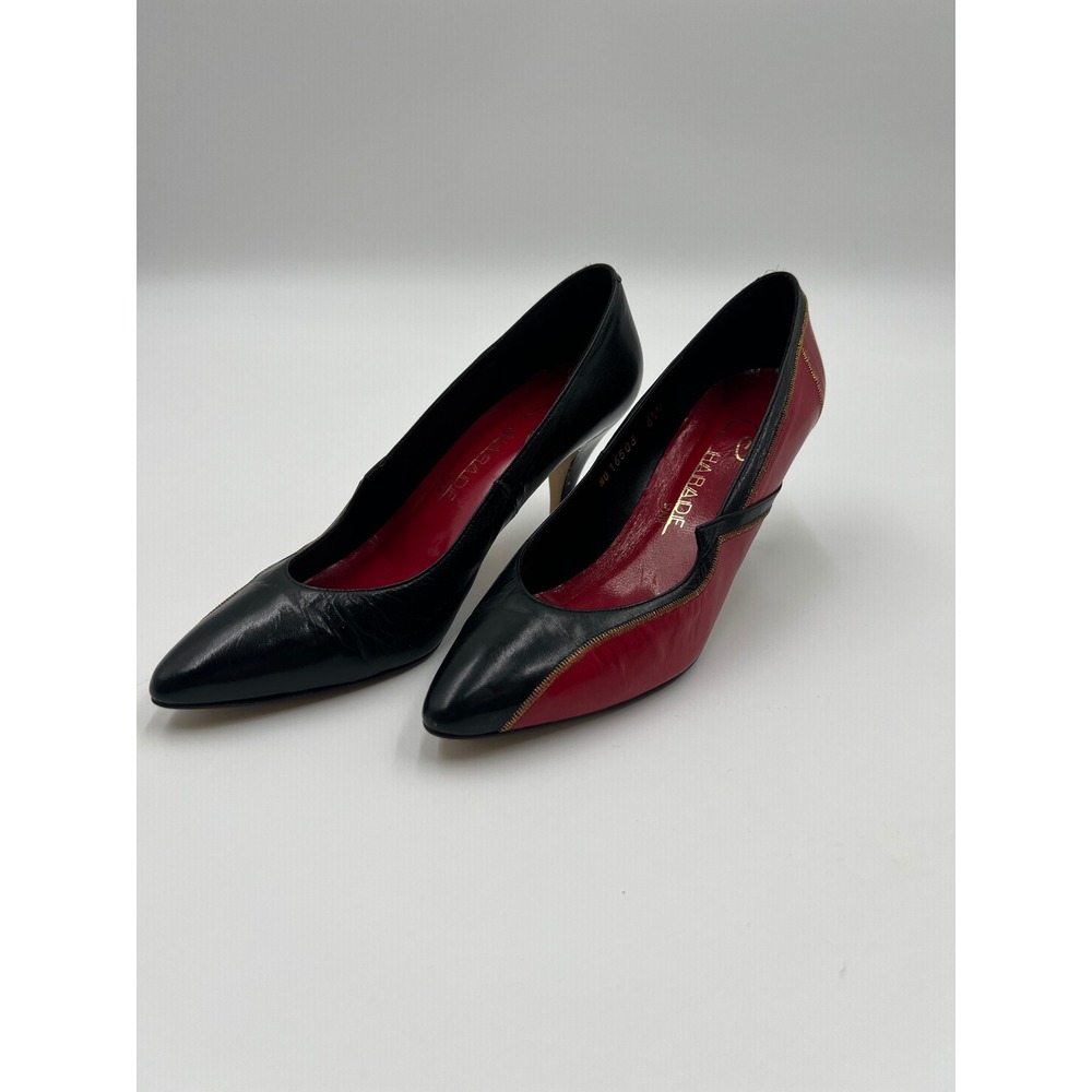 Charade Vintage 80s Spain Leather Pumps Black Red Colorblock Stiletto Size 6.5N